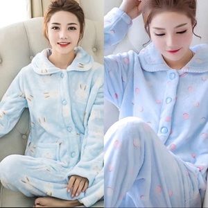 Set Polka Dot Women Winter Fleece Flannel Long Sleeve Cartoon Pajama Sleepwear